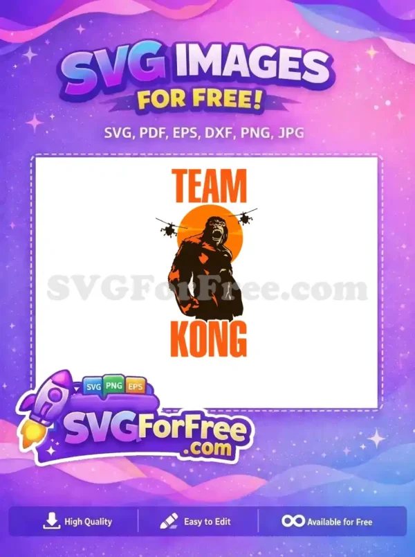 Free Team Kong Roaring Gorilla SVG Design for Projects A powerful free Team Kong SVG featuring a roaring gorilla, two helicopters, and an orange sunset. This free design is ideal for fans.