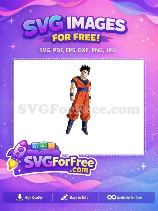 Free Gohan SVG design featuring the iconic Dragon Ball Z character in his classic orange gi, ready for action. This free vector is ideal for fans.