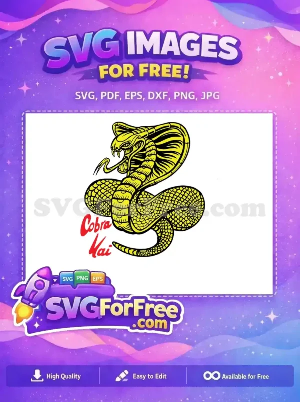 Free Cobra Kai SVG logo featuring a fierce yellow coiled cobra with red text. Ideal for fans to download and use.