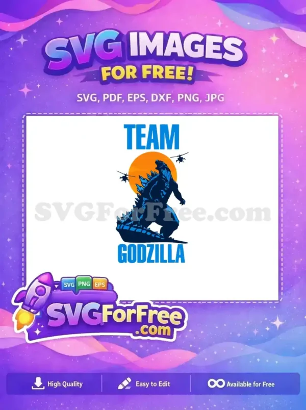 A dynamic free design featuring a powerful Godzilla monster against an orange sun, with helicopters, and 'TEAM GODZILLA' text. This free SVG is ready for your projects.