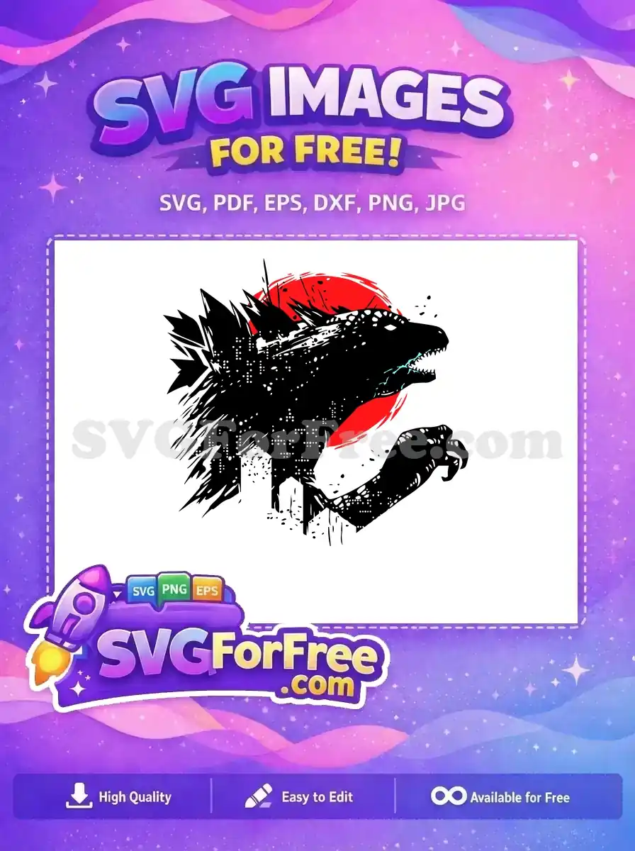 A free grunge monster SVG featuring a powerful Godzilla-like creature silhouette against a vibrant red sun. Ideal for free creative projects.