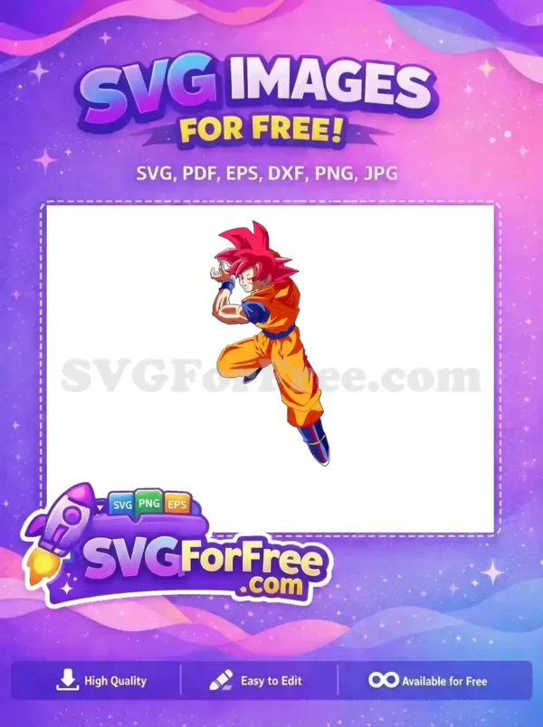 A free dynamic SVG of Super Saiyan God Goku in an action pose, featuring vibrant red hair and intense eyes.