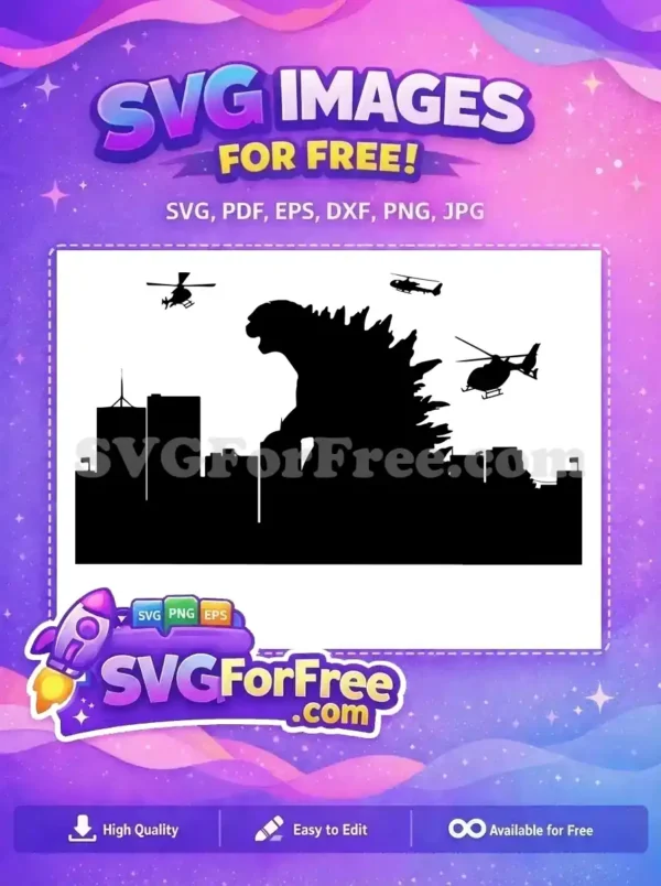 A free dynamic silhouette of a giant monster (Godzilla-like) attacking a city with helicopters flying around. Ideal for creative projects.