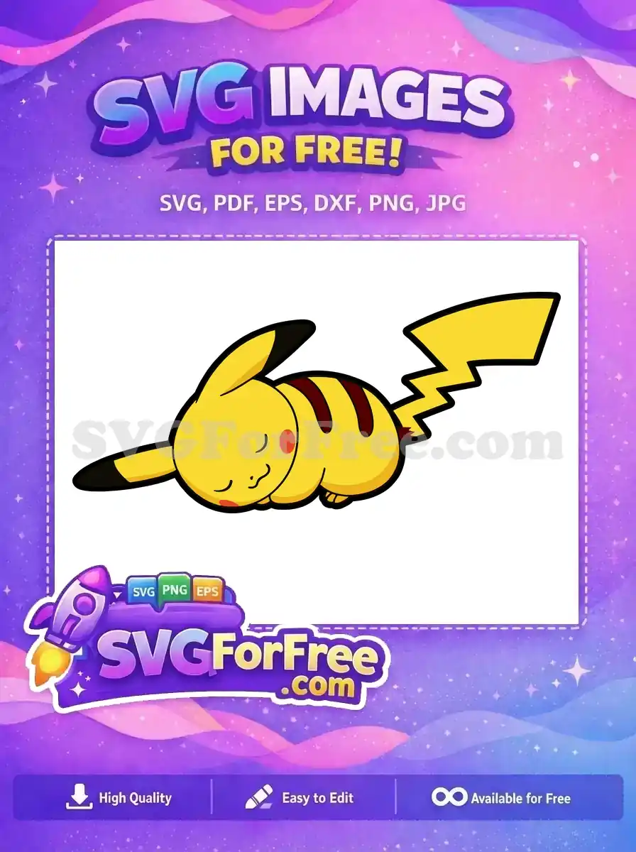 A charming free SVG of a sleeping Pikachu, perfect for any fan's project. This free design is ideal for crafts.