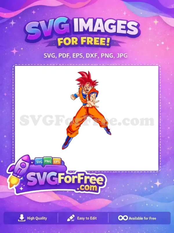 Free Super Saiyan God Goku in an action pose, vibrant red hair and gi, ready for battle. A dynamic free vector.
