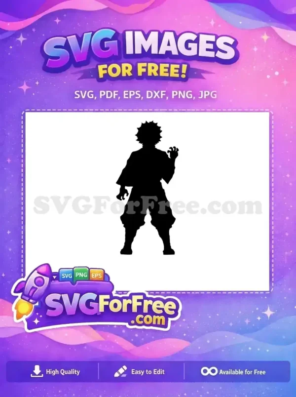 Free dynamic silhouette of a spiky-haired character in traditional attire, one hand clawed, ready for action. Perfect free SVG for fans!