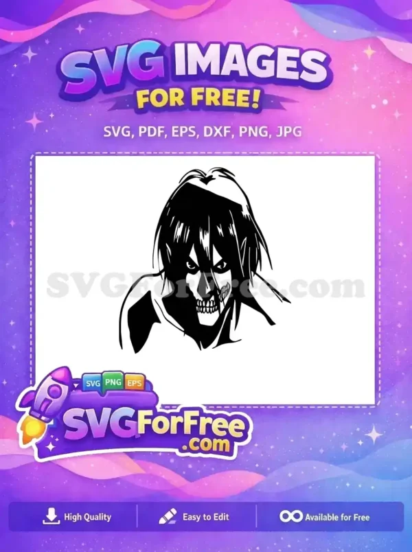 Download this free, high-contrast SVG design of an aggressive anime character with sharp teeth and an intense gaze. Ideal for fan art projects.