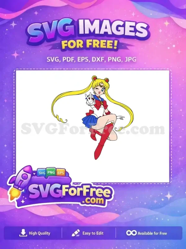 Dynamic free Sailor Moon SVG, winking and giving a peace sign. This free vector art is perfect for anime fans.