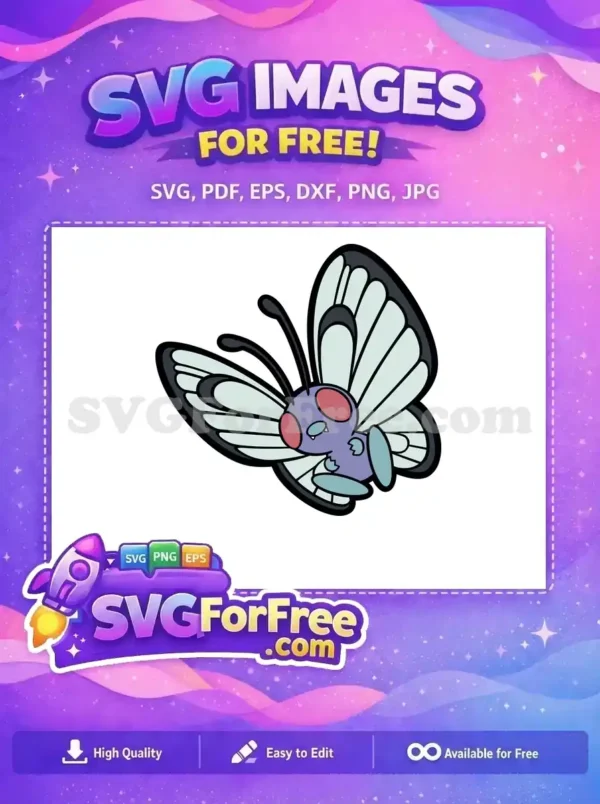A vibrant, free cartoon butterfly-like creature with purple body, red eyes, and light blue wings, ready for your creative projects.
