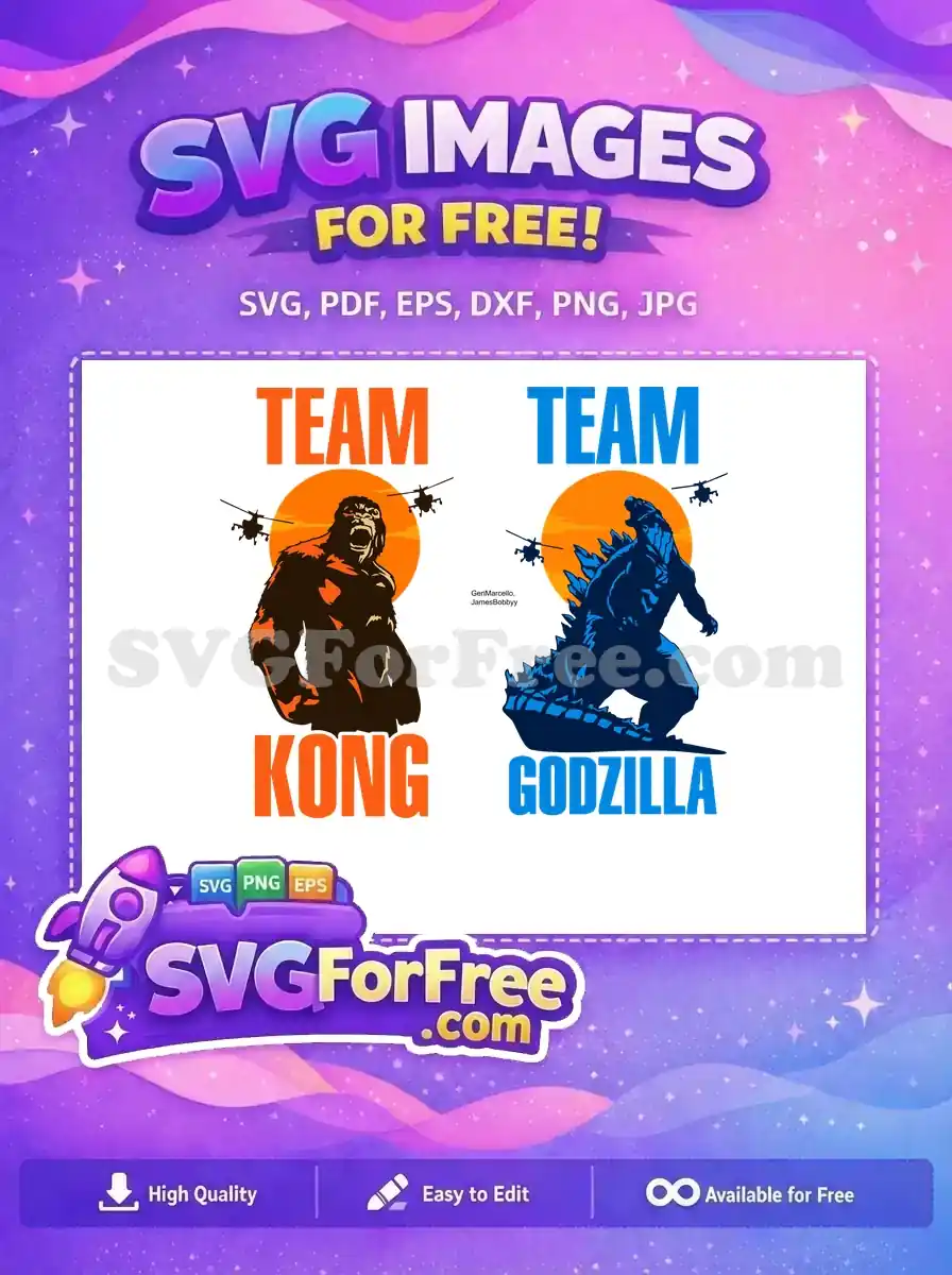 A free SVG design featuring a roaring King Kong silhouette against a sunset with helicopters, part of Team Kong.