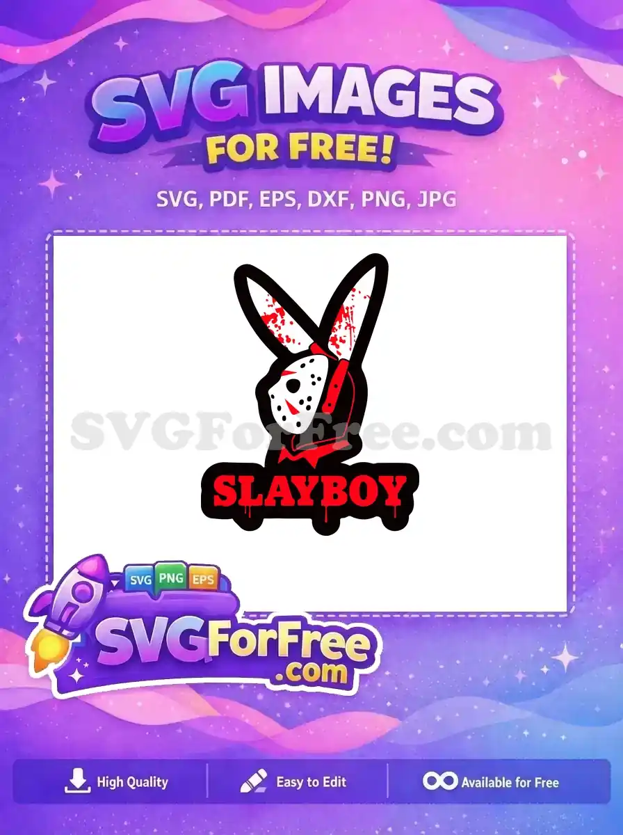 A free Slayboy logo SVG featuring a Jason Voorhees mask on a blood-splattered bunny head, dripping red text. Perfect free horror design.