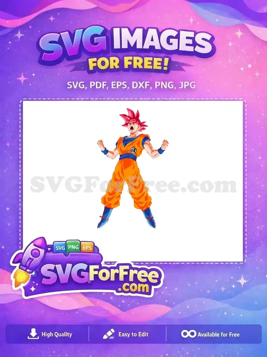 Dynamic free design of Super Saiyan God Goku in an action pose, red hair blazing. Perfect for fans!