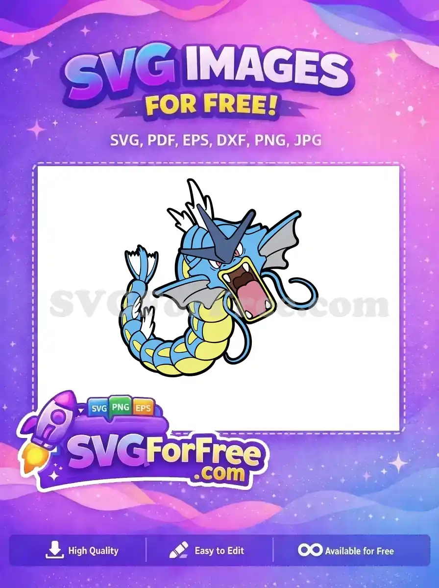 A dynamic free SVG of Gyarados, the fierce water/flying Pokémon, with its mouth wide open and body coiled. Ideal for free crafting projects.