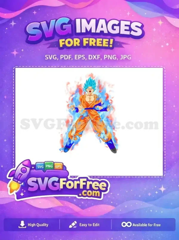Witness this free design of a powerful anime hero, Goku, in Super Saiyan Blue with a vibrant blue and red aura, ready for battle. A free vector.