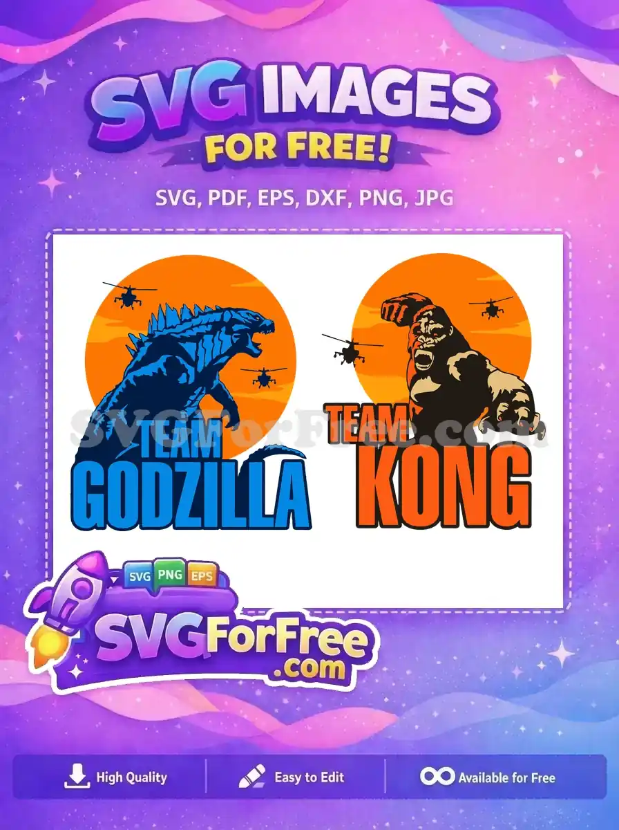 A free Godzilla monster design, roaring against an orange sunset with military helicopters. This free SVG is perfect for fans.