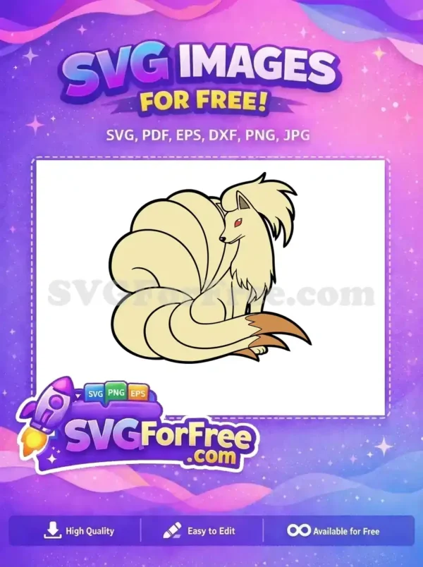 A magnificent free Ninetales-inspired nine-tailed fox SVG design, featuring creamy fur, red eyes, and elegant tails. A fantastic free vector graphic for all your creative needs.