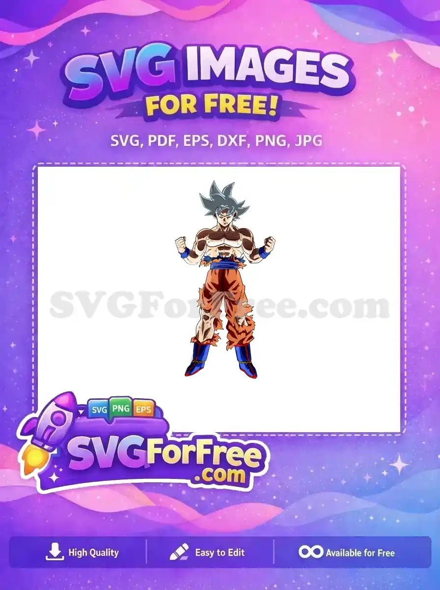 A free dynamic SVG of Ultra Instinct Goku, standing powerfully with grey hair and tattered clothes, ready for action. Free design.
