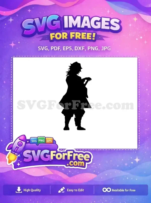 Free Anime Swordsman Silhouette SVG for Creative Projects A compelling free SVG silhouette of a detailed anime character, possibly a swordsman, standing with a weapon. Perfect for free creative projects.