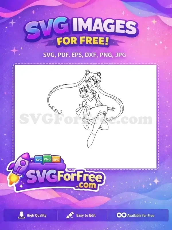 Dynamic free SVG outline of Sailor Moon winking and making a peace sign, ideal for coloring and crafts.