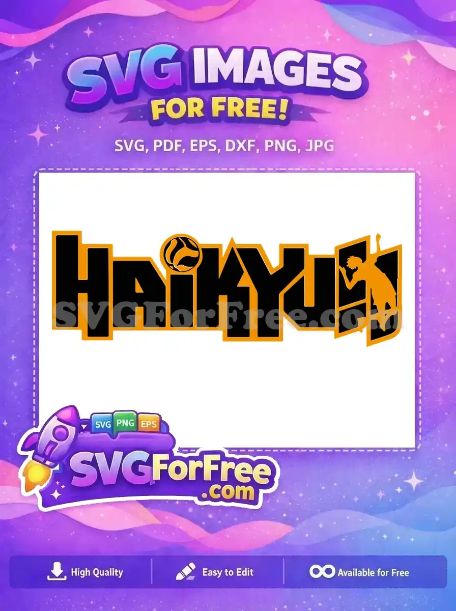 Free Haikyuu!! logo SVG featuring stylized text, a volleyball, and a jumping player. A vibrant free anime design.