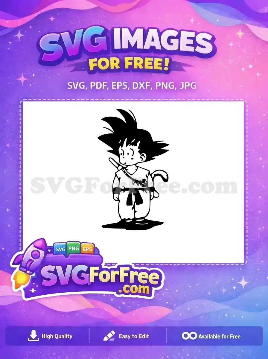 Free Goku SVG vector featuring young hero with power pole and tail. A classic anime design, completely free for personal use.