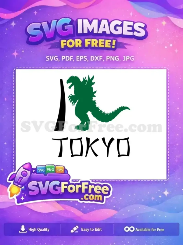 Free 'I Godzilla Tokyo' SVG design, featuring a classic Godzilla silhouette replacing the heart. A unique, free vector.