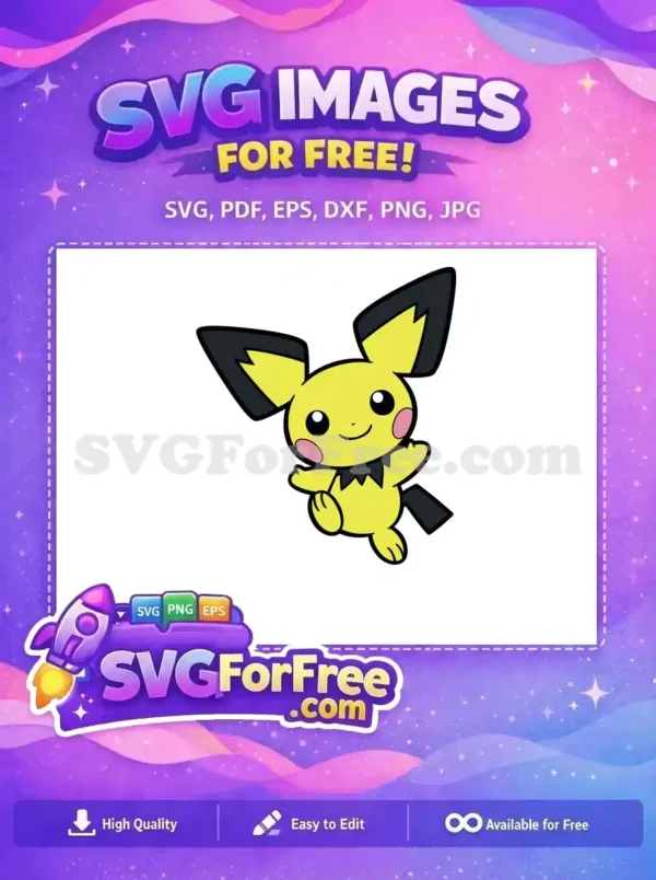 A vibrant free SVG of Pichu, the cute electric Pokémon, smiling in a playful pose. This free vector is ideal for fans.