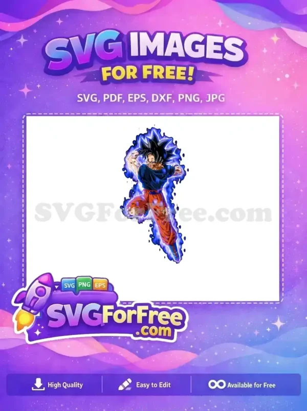 Dynamic free Ultra Instinct Goku SVG, mid-action with intense blue aura, showcasing raw power. A must-have free design for Dragon Ball enthusiasts and crafters.