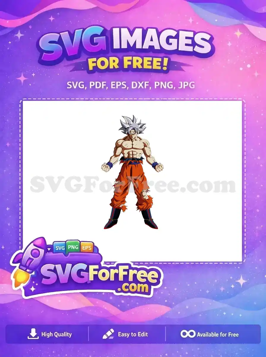 Dynamic free SVG of Goku in his powerful Ultra Instinct form, ready for battle. A must-have free design!