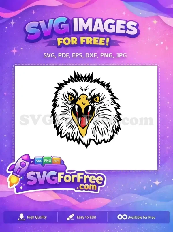 A free, bold eagle head SVG design with piercing yellow eyes and an open beak, showcasing a fierce expression. Ideal for free design projects.