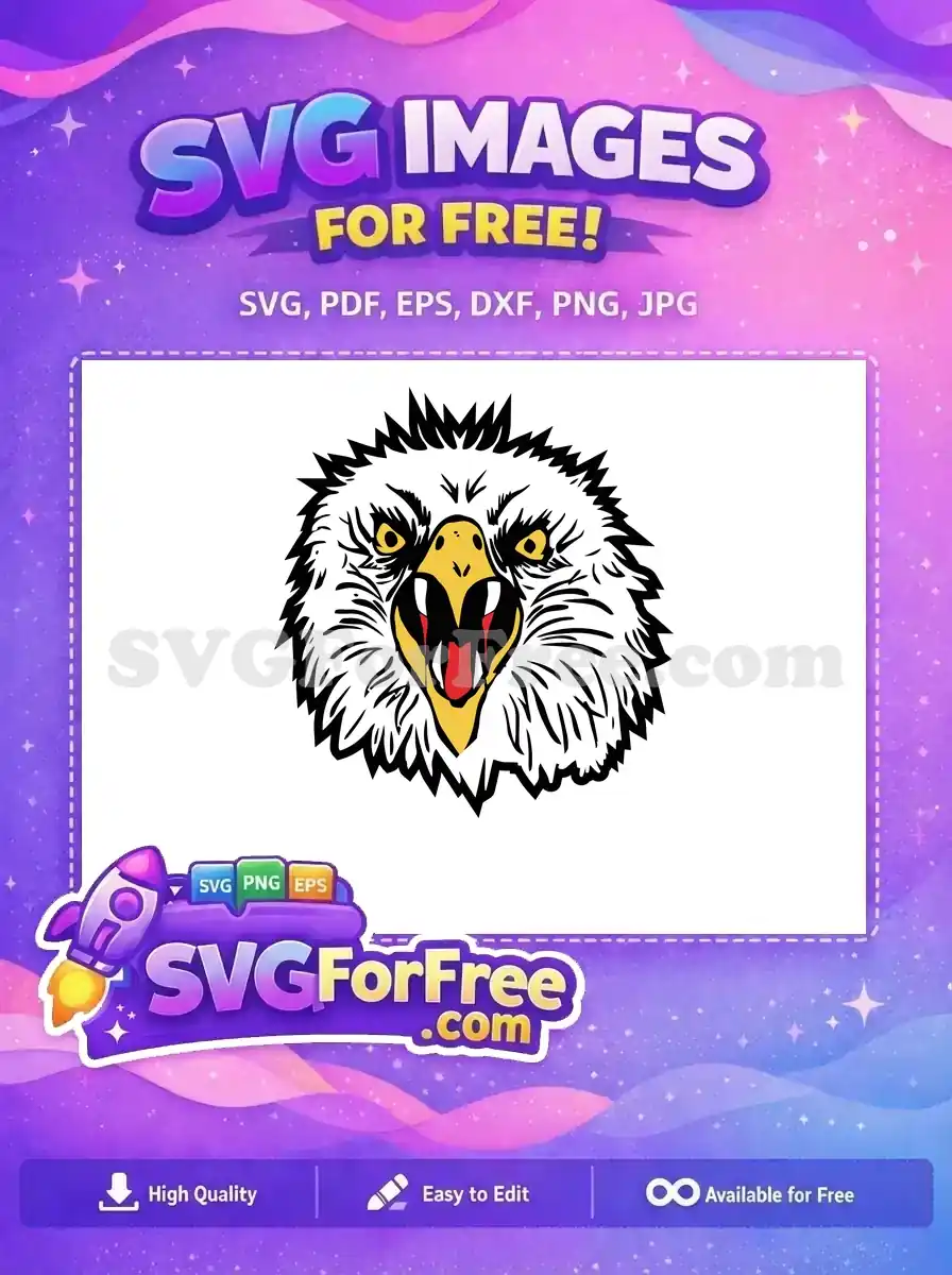 A free, bold eagle head SVG design with piercing yellow eyes and an open beak, showcasing a fierce expression. Ideal for free design projects.