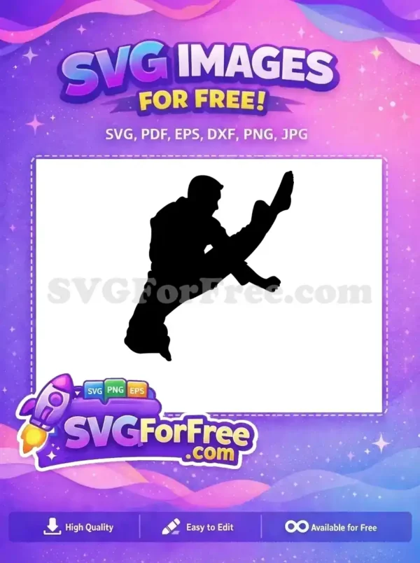 Free Martial Arts Kick SVG – Dynamic Sport Design A striking free SVG silhouette of a martial artist mid-air, executing a powerful high kick, embodying strength and agility.