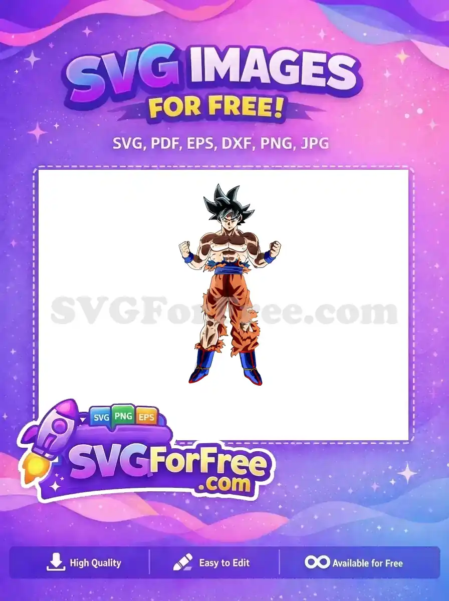 Free Ultra Instinct Goku full-body SVG, a powerful anime design featuring the iconic hero in a battle-ready pose. Download this free vector now!