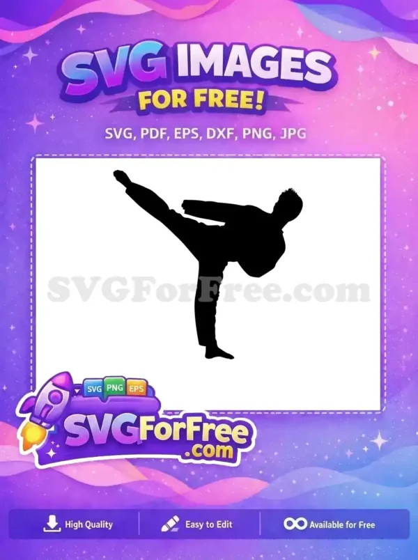 Free Dynamic Martial Arts Kick SVG – Action Pose Design A powerful free SVG silhouette of a martial artist performing a high side kick, ready for instant download and use.