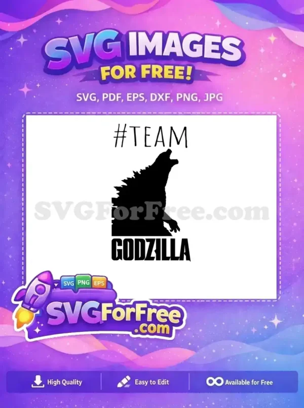 A striking free black and white team Godzilla SVG design, featuring a roaring monster silhouette and bold text. Download this free graphic.