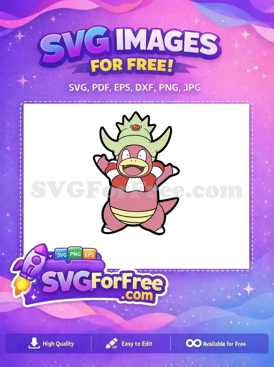 A vibrant, free Slowking SVG design, showcasing the Pokémon with its iconic crown and happy expression. Download this free vector now!