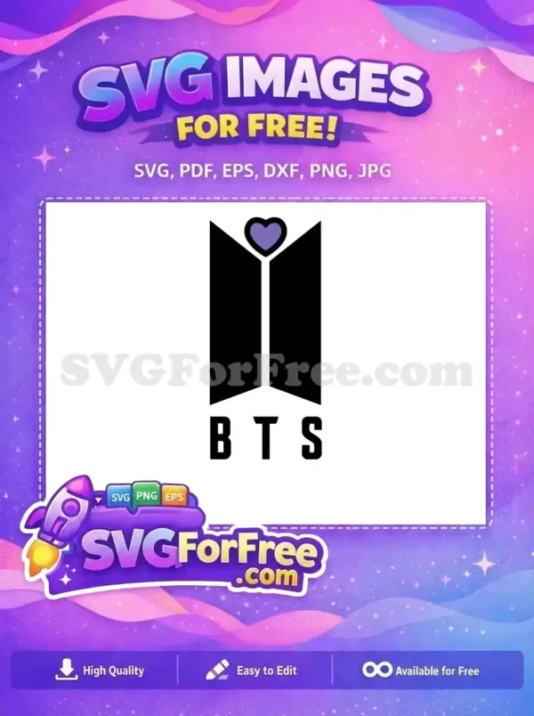 A free BTS logo design featuring the iconic trapezoidal emblem with a purple heart and 'BTS' text below.