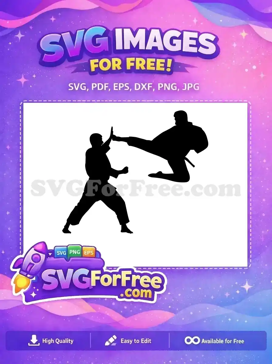 Dynamic free SVG of two karate practitioners in action, one blocking a powerful jumping kick. A versatile free design.