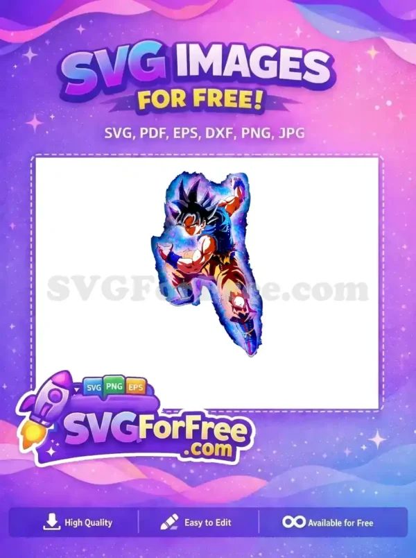 Free Ultra Instinct Goku SVG – Dynamic Anime Art Design Dynamic free SVG of Goku in Ultra Instinct form, surrounded by a vibrant cosmic aura. A powerful free design.