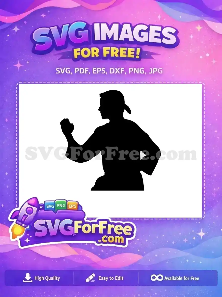Free dynamic silhouette of a martial artist in a powerful stance, perfect for sports and action-themed projects. Download this free vector.