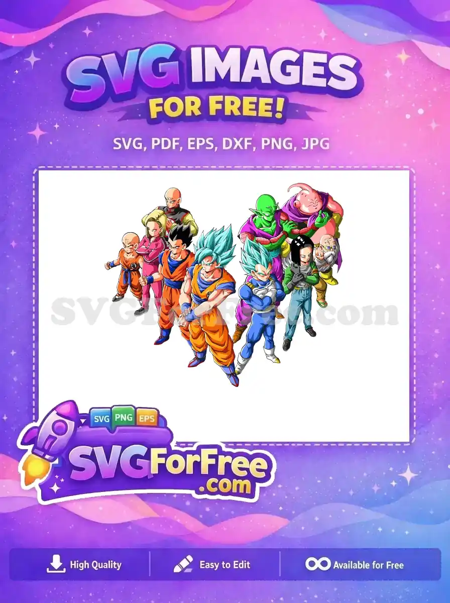 A dynamic free design featuring Goku, Vegeta, Piccolo, and other Dragon Ball Z heroes, perfect for fans. Grab this free SVG!