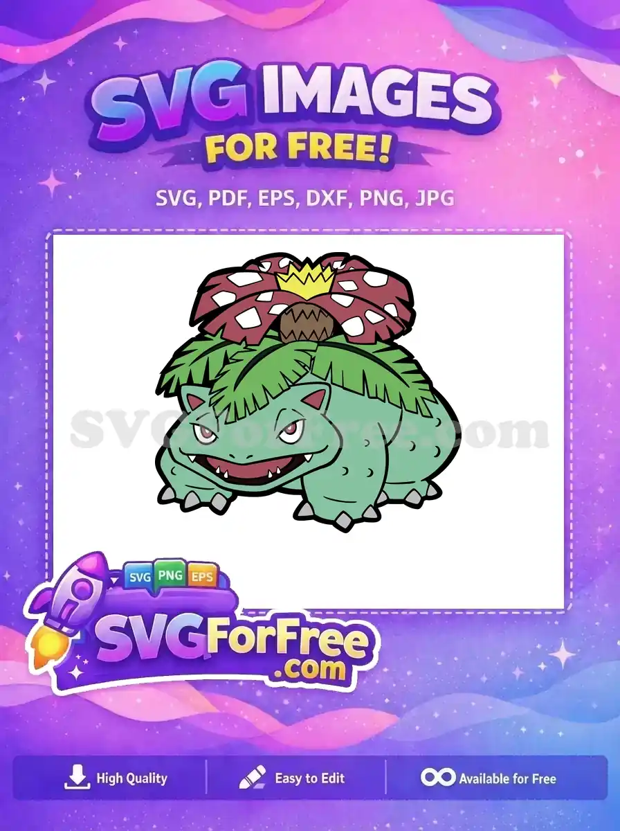 Discover this free Venusaur design, a captivating and stylized depiction of the iconic grass-poison Pokémon. Ideal for fans!