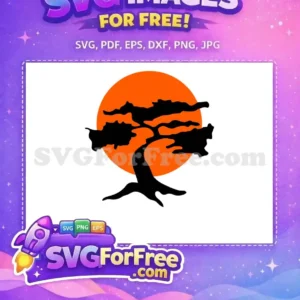 A captivating free SVG of a black bonsai tree silhouette against a vibrant orange sun. Get this free design for your projects.