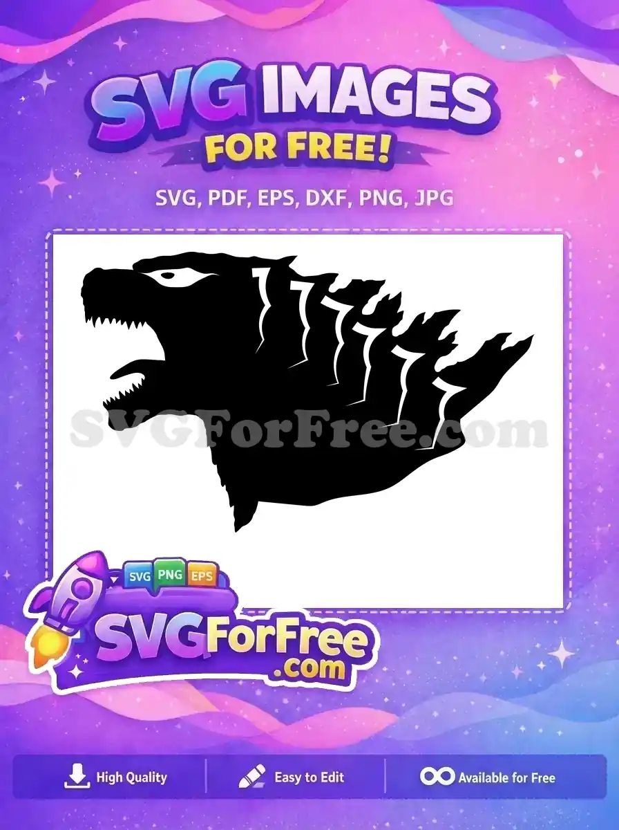 A free design of a roaring Godzilla-like monster head silhouette, showcasing sharp teeth and dorsal fins, ready for your creative projects.