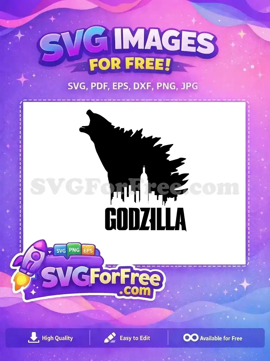 A free Godzilla roaring silhouette merged with a city skyline, featuring the name 'GODZILLA' below. Iconic free design.
