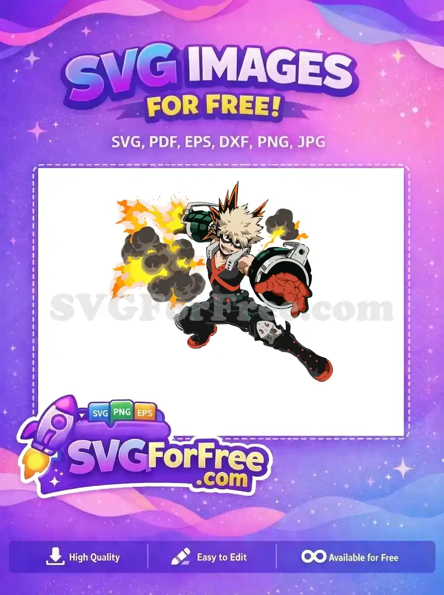 A vibrant, free Katsuki Bakugo SVG design, capturing his explosive power mid-action, perfect for free fan art projects.