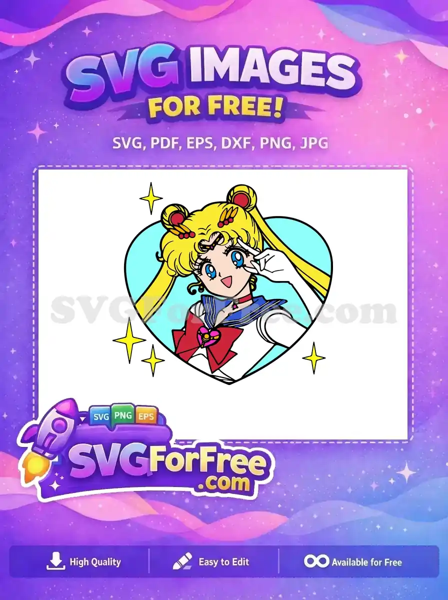 A vibrant free design of a magical girl, Sailor Moon-inspired, winking within a heart, surrounded by stars. A fantastic free SVG!