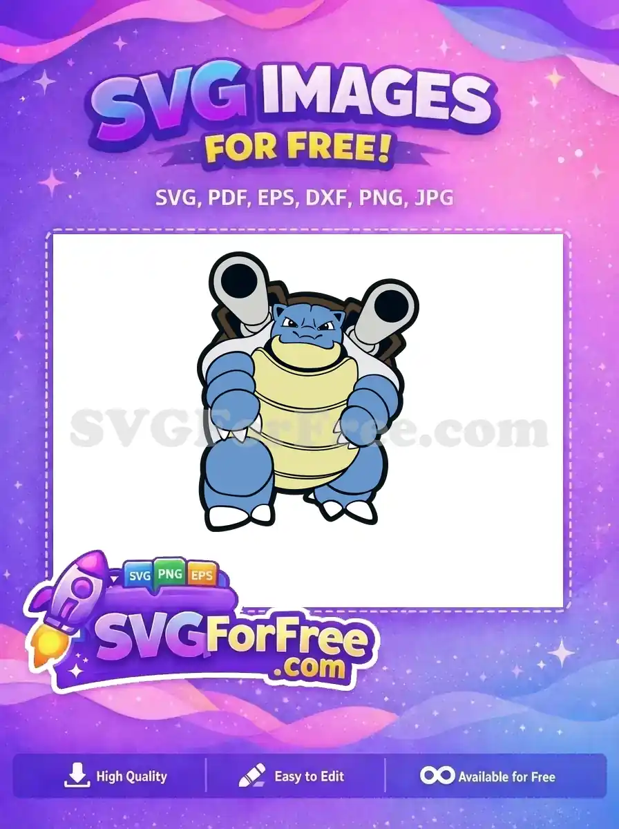 A free Blastoise vector art, featuring the blue turtle Pokémon with cannons, ready for battle. Ideal for free craft projects.