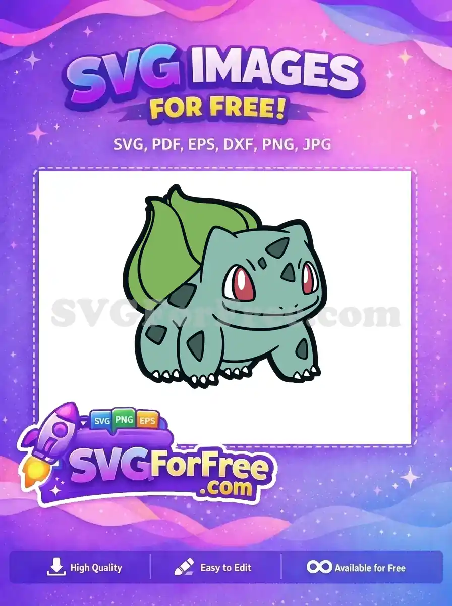 A vibrant, free Bulbasaur SVG image, depicting the beloved grass-type Pokémon with its iconic bulb, ready for free download and use.