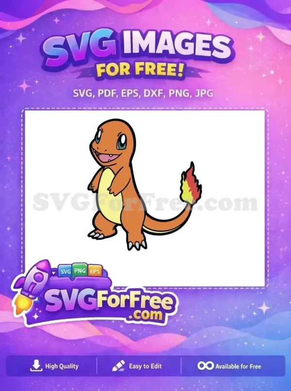 Free Charmander SVG Design – Your Favorite Fire Starter! A vibrant, free SVG of Charmander, the iconic fire-type Pokémon, smiling and ready for your creative projects. Download this free design now!
